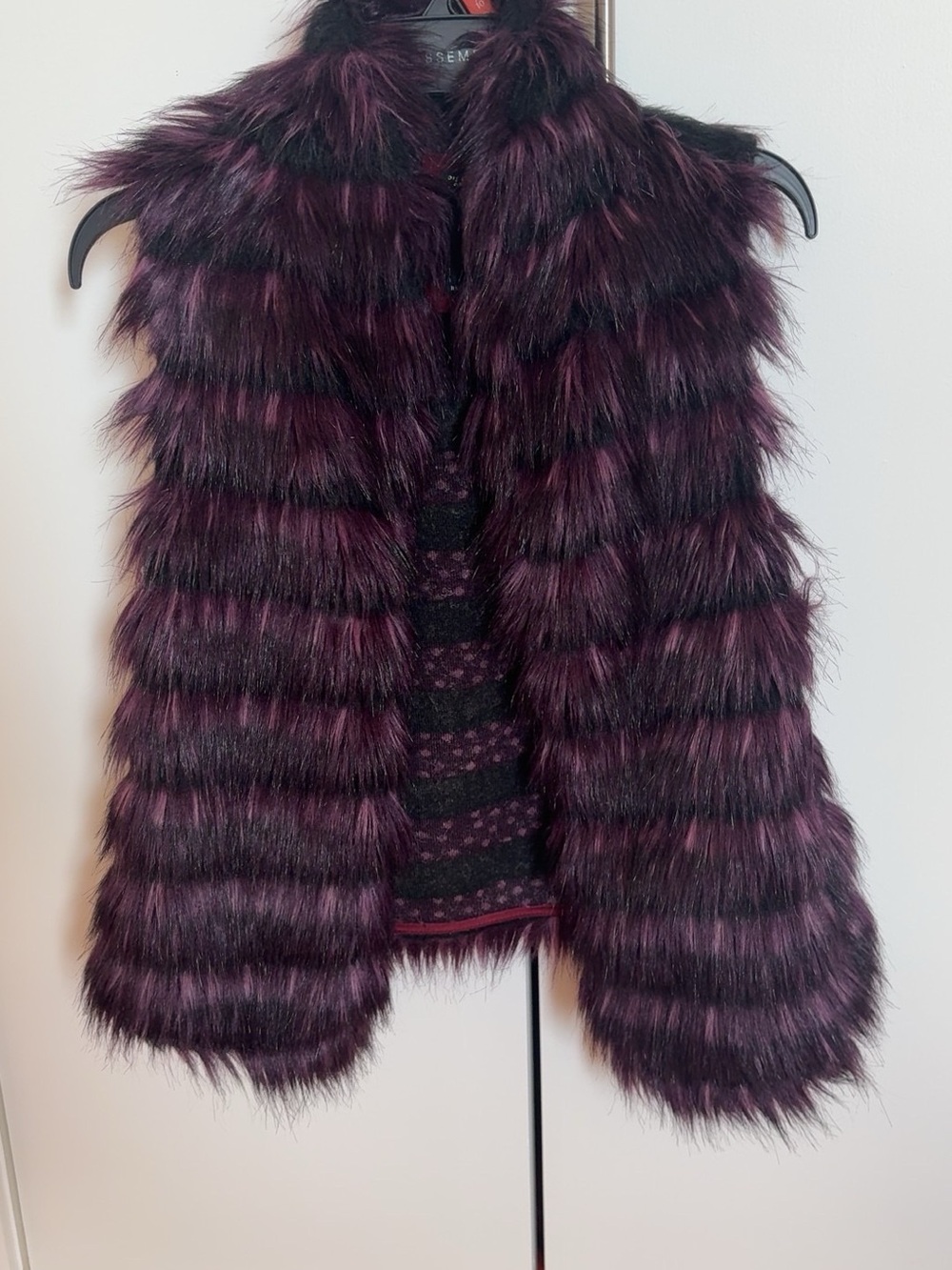 Guess Plum and Black Faux Fur Short Peacoat Vest
